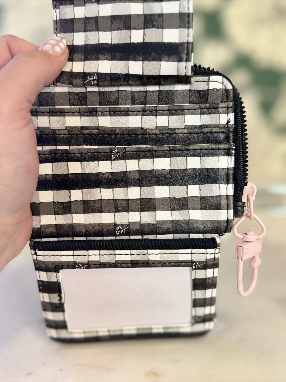 Betsey Johnson Black and White Gingham Wallet with Pink Heart Accent